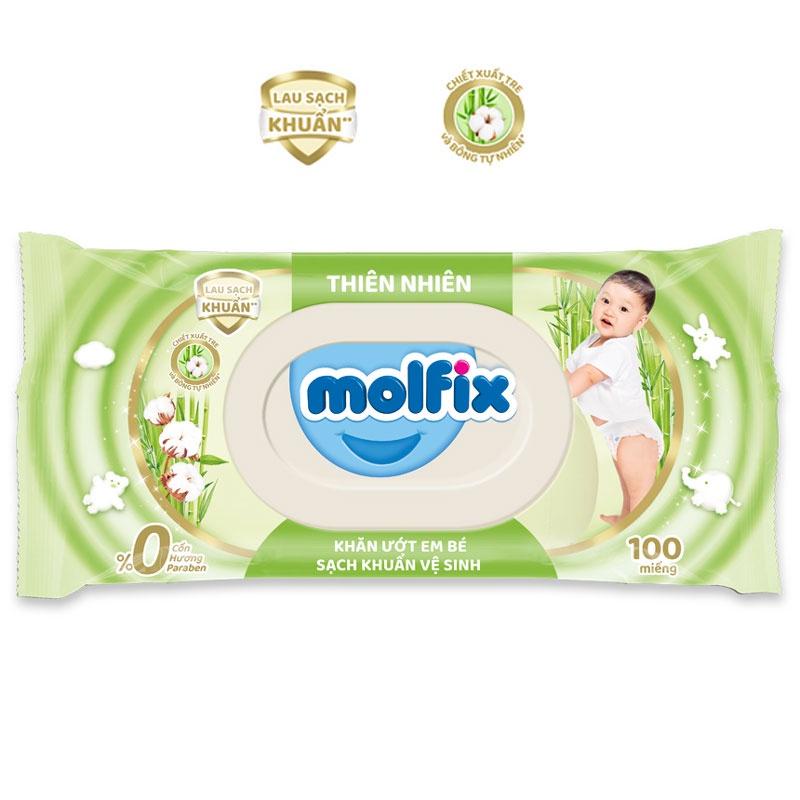 Gói 100 tờ Khăn giấy ướt Molfix bông Organic tự nhiên, không mùi, không cồn