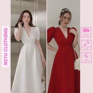 Váy đẹp dự tiệc đỏ đầm trắng sang trọng nữ đi tiệc cổ tim dài dáng xòe tay phồng Miyuclothing