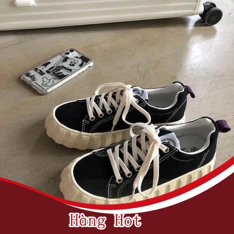 Giày bata cột dây vải canvas phối da lộn đế bệt kiểu dáng thời trang cho nữ
