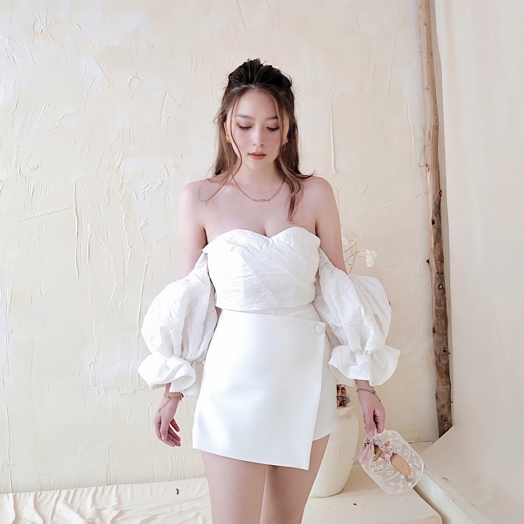 Quần váy cạp cao lệch vạt trắng tingoan NICOLE SKORT/WH