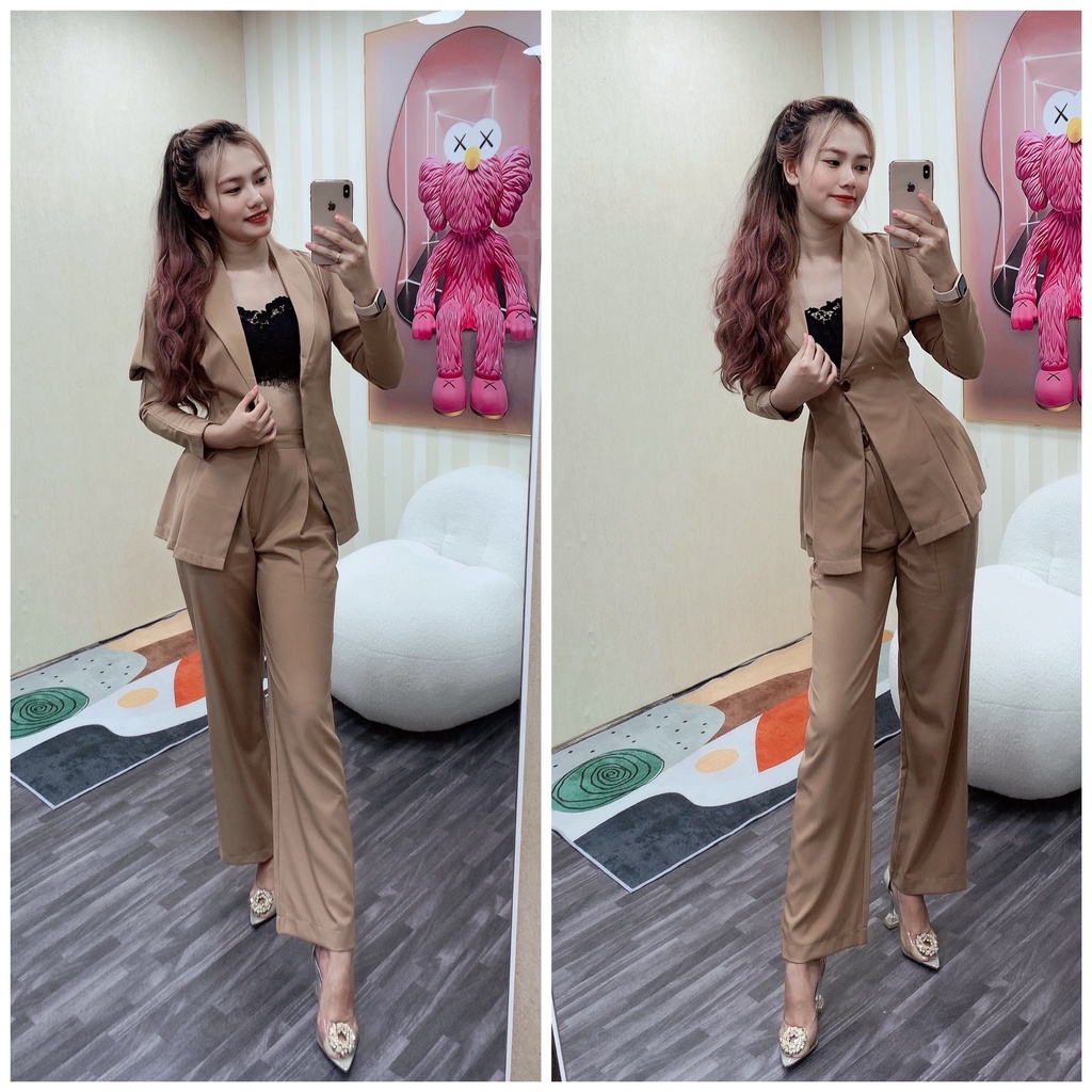 Set vest tay dài một nút chít eo kèm quần tây chất kaki thun siêu thoáng mát, thoải mái