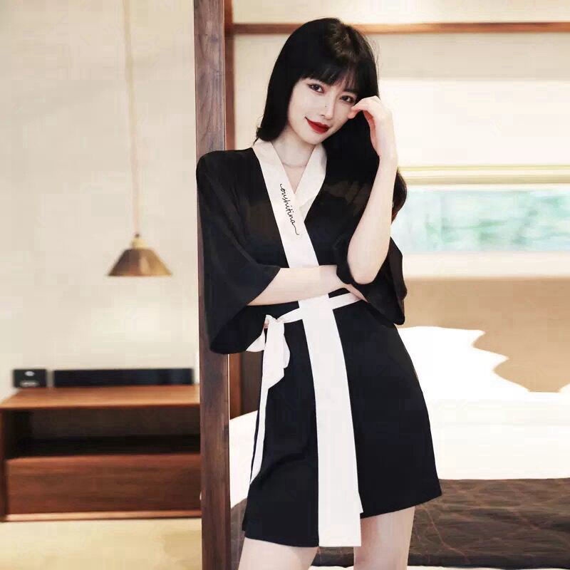 Áo Choàng Ngủ Kimono Bằng Lụa Lạnh Dáng Dài Phong Cách Nhật Bản Thời Trang Xuân Hè Quyến Rũ Cho Nữ