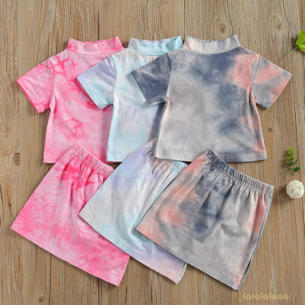 Set Áo Thun Tay Ngắn Màu Loang 2 Lớp + Chân Váy Cho Bé Gái