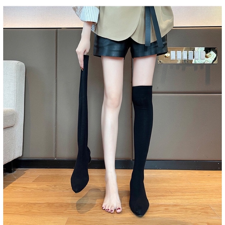 Boots đùi len mũi nhọn gót cao cao 5cm phong cách ulzzang | BigBuy360 - bigbuy360.vn