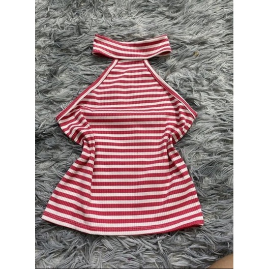Áo croptop ba lổ cổ cao cài cúc phía sau phối sọc chất thun Gân hàng y hình kèm ảnh thật chính chủ
