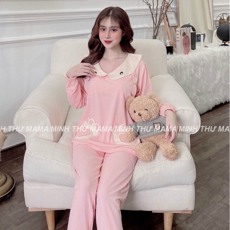 Bộ bầu có vén ngực cho béti sau sinh - bộ mặc nhà - chất liệu cotton kiểu Hàn Quốc họa tiết lá sen tai gấu