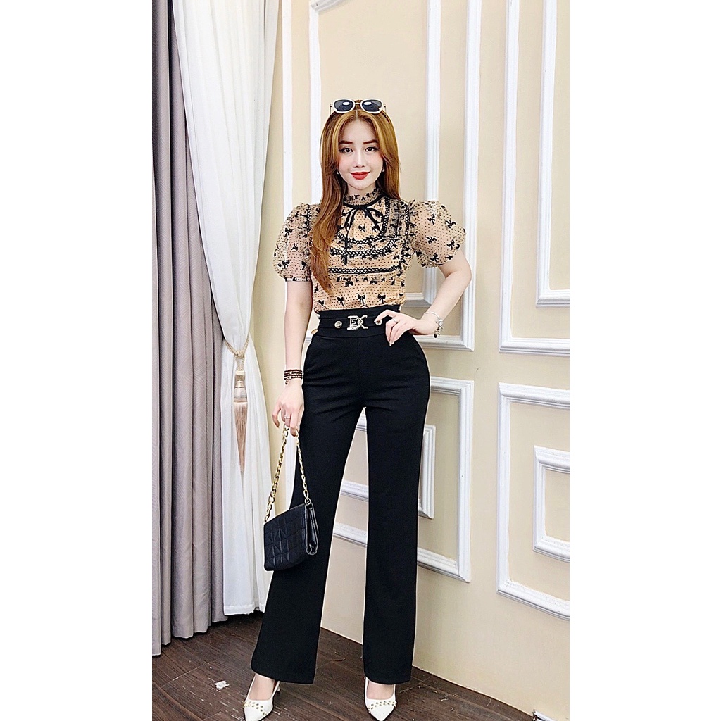 Quần ống loe nữ CRAZYTEEN phối bản lưng  Q0043