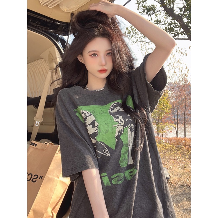 Áo Thun Ngắn Tay Cổ Tròn Dáng Rộng Thời Trang Retro Mỹ Cá Tính Cho Nữ