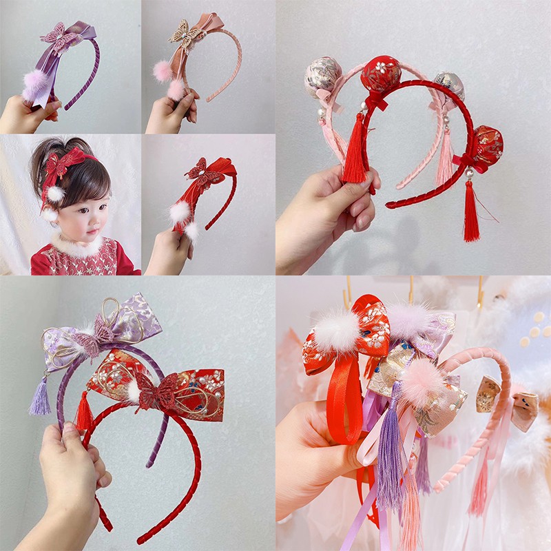 Cài tóc đính nơ thiết kế tua rua phong cách retro dành cho bé gái