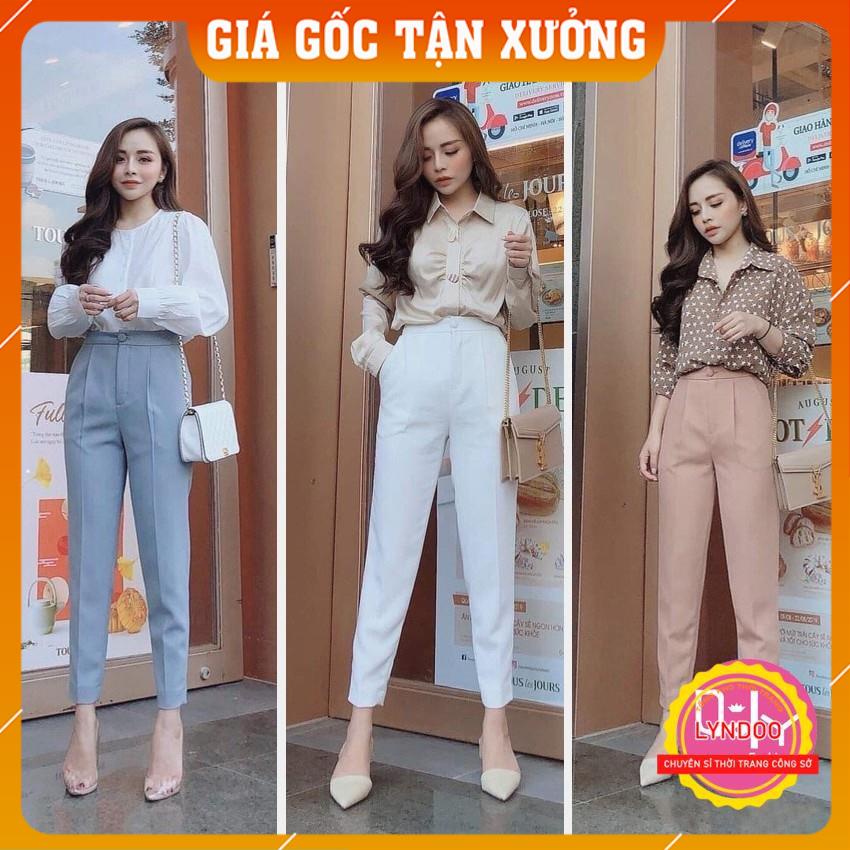 Quần âu nữ cạp cao  𝑭𝑹𝑬𝑬𝑺𝑯𝑰𝑷  Quần tây nữ công sở cúc bọc vải tuyết mưa 4 màu đen, trắng, nâu, ghi cực sang