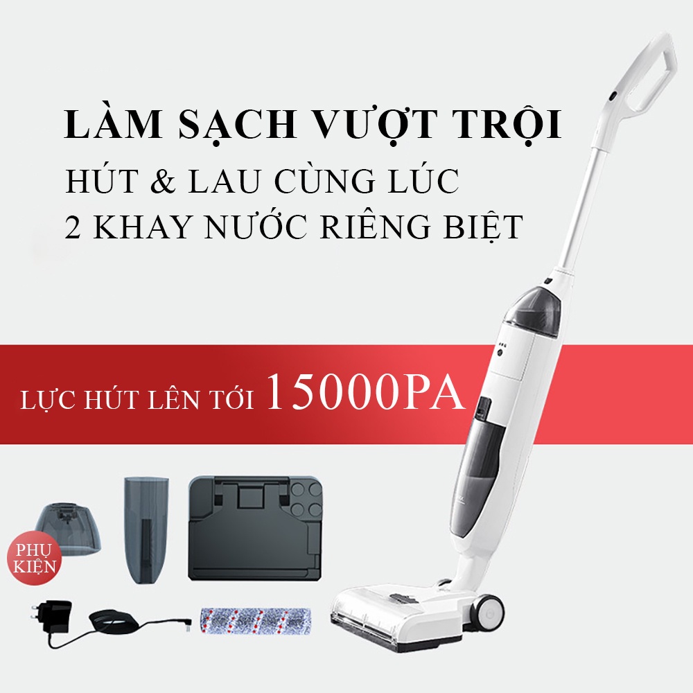 Máy hút bụi cầm tay không dây phiên bản quốc tế hút và lau 2 in 1, hút khô lỏng, tự động giặt khăn công suất lớn