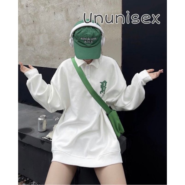 Áo sweater polo dài tay chữ R xanh unisex dưới 80kg Ununisex  - Sweater polo chữ R xanh ununisex