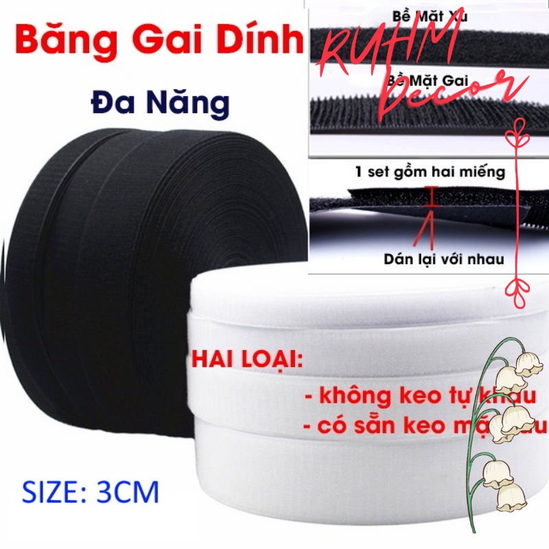 Băng gai dính khóa nhám gai, miếng dán vải 2 mặt dán các vật dụng khổ 3cm