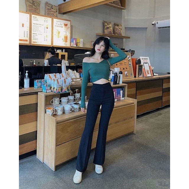 Áo Croptop Tay Dài Đắp Chéo Trễ Vai Ôm - Trơn A5151 | BigBuy360 - bigbuy360.vn