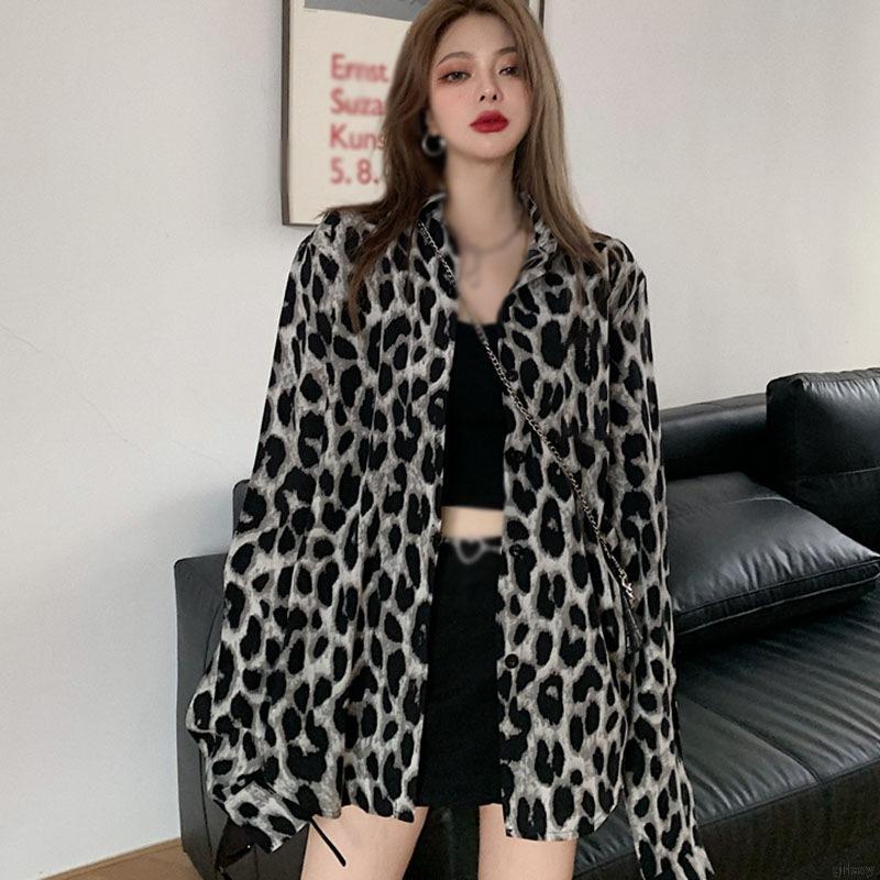 Áo Sơ Mi Tay Dài Hoạ Tiết Da Báo Phong Cách Sành Điệu Thời Trang