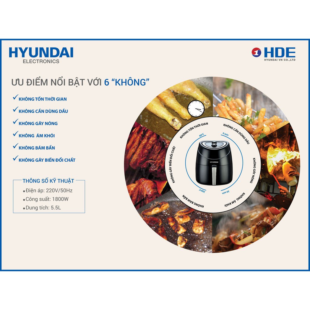 Nồi chiên không dầu Hyundai 5,5 lít công nghệ Hàn Quốc tản nhiệt làm chín nhanh thức ăn giảm béo chính hãng bảo hành