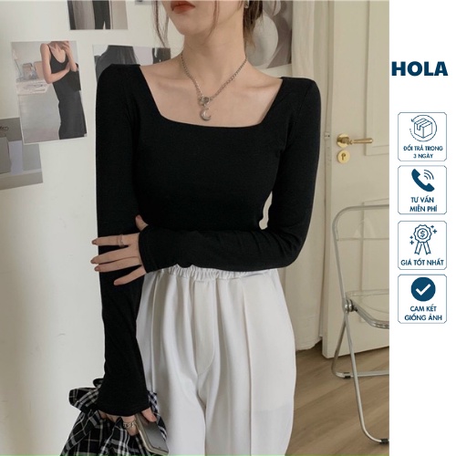 Áo Croptop Tay Dài ⚠️ áo dài tay Thun Kiểu Cổ u Chất Thun Cotton Dáng Ôm Nữ Tính Đen/Trắng
