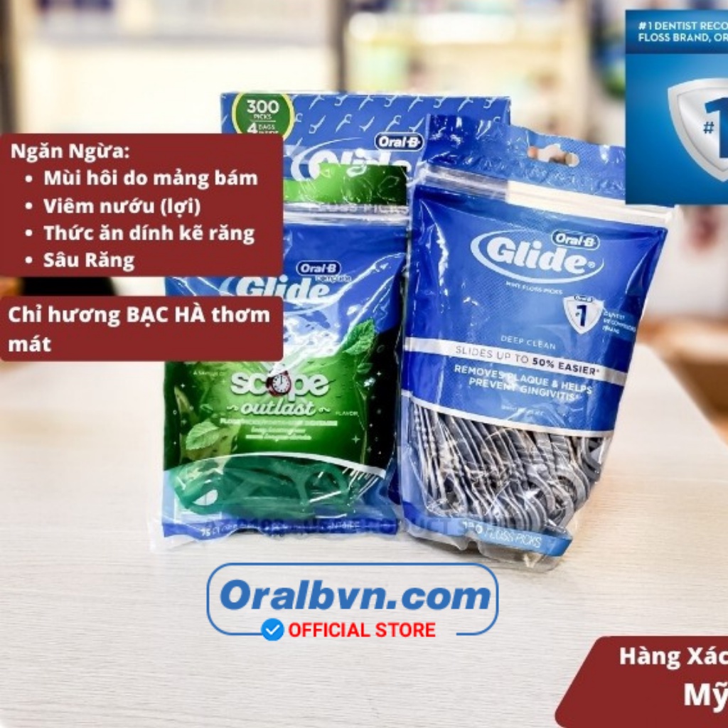 Tăm chỉ nha khoa Oral-B Floss Picks Glide Scope 75 cái ngăn ngừa viêm nướu, hơi thở có mùi, chảy máu chân răng