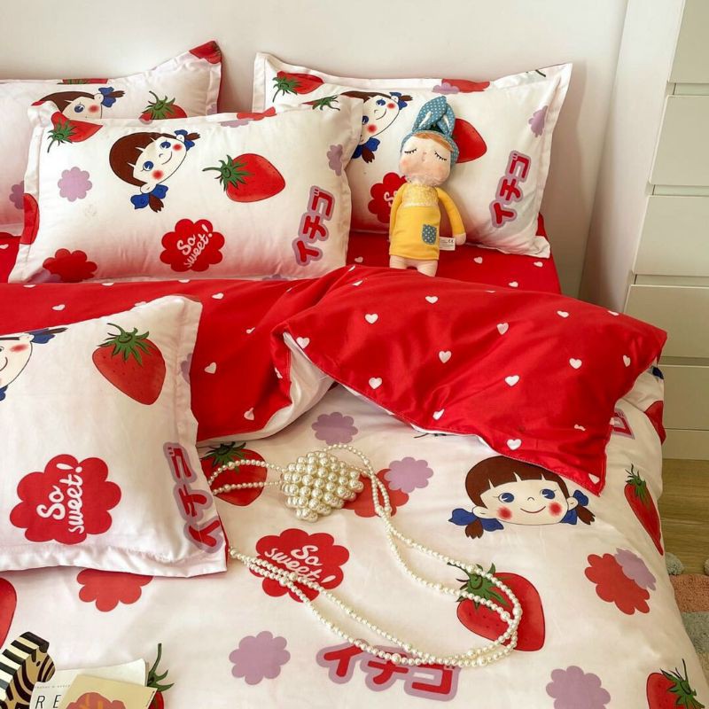 Bộ chăn ga gối phong cách Hàn Quốc Cotton poly- Cô Bé Dâu mới