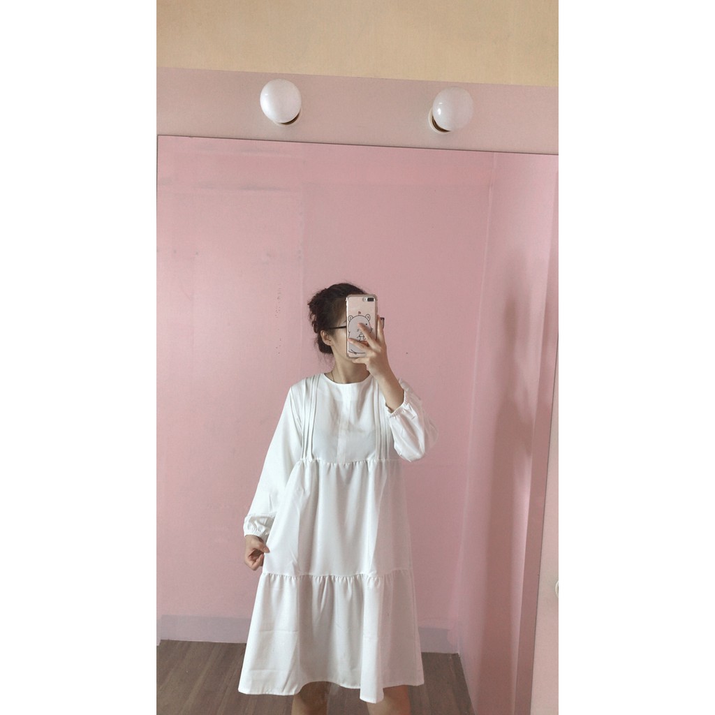 Đầm dài tay nữ xếp li ngực dáng suông phong cách ulzzang/ Váy babydoll dáng dài vintage tay bồng tiểu thư_ranstore