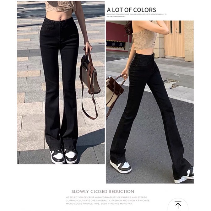 Quần bò jeans nữ ống loe rộng xuông đứng, jeans cạp cao xẻ gấu co dãn 2022