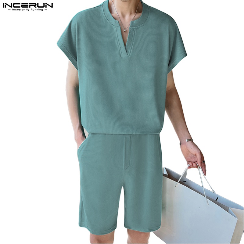 Bộ đồ INCERUN gồm áo thun tay ngắn + quần short 3 màu thời trang cho nam
