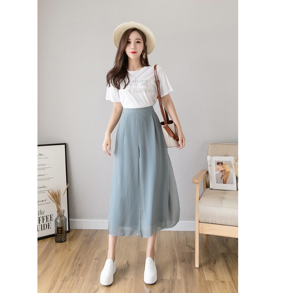 Quần culottes voan chẻ ống rộng