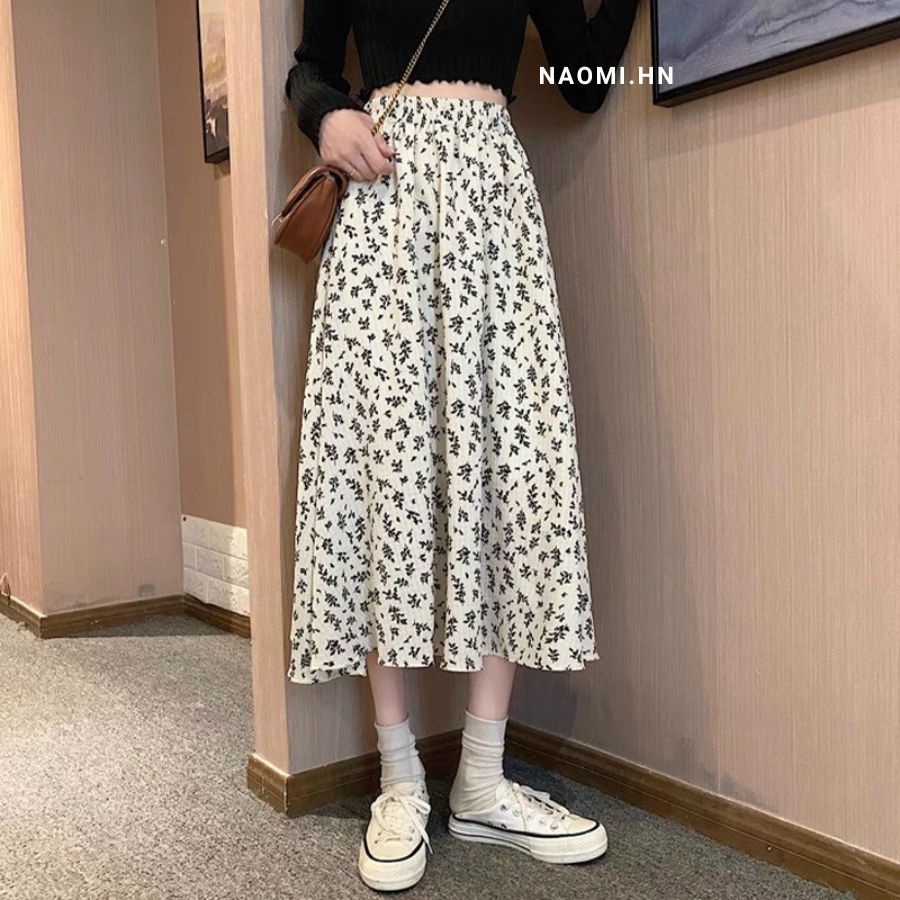 Chân váy hoa nhí dáng dài phong cách vintage chân váy dáng dài hoa nhí siêu đẹp hot trend màu đen trắng HOTHIT.