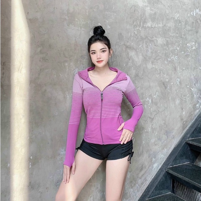 Aó Khoác Tập Gym Yoga Thể Thao Nữ Dệt Kim Kẻ Sọc Có Túi Mới Nhất Bin Sports A179