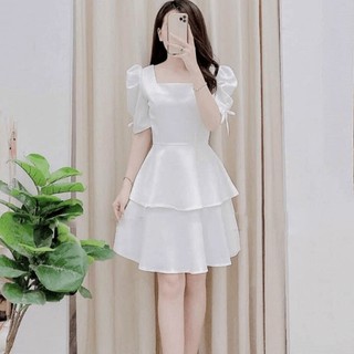 Đầm trắng công chúa tay phồng 2 tầng | V0067 | Ảnh thật tự chụp