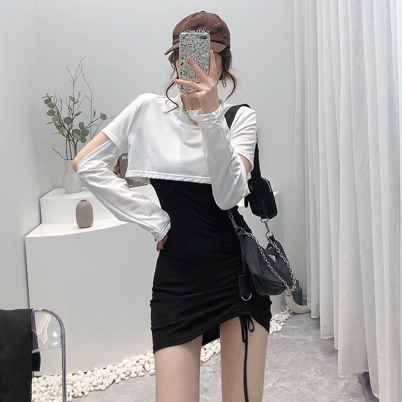 Đầm ngắn hai mảnh phối dây rút gợi cảm thời trang Hàn Quốc mới dành cho bạn nữ
