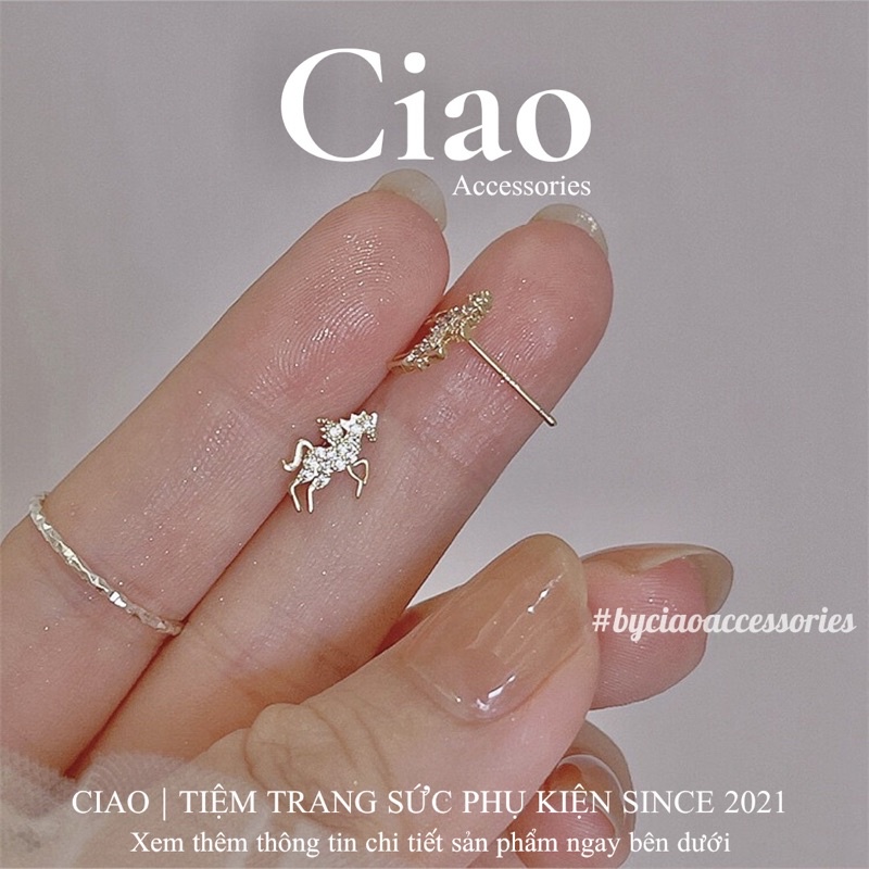 [HOẢ TỐC 1H] Khuyên tai/ Bông tai mạ bạc S925 thiết kế hoạ tiết đính đá Unicorn Tiny Ciao