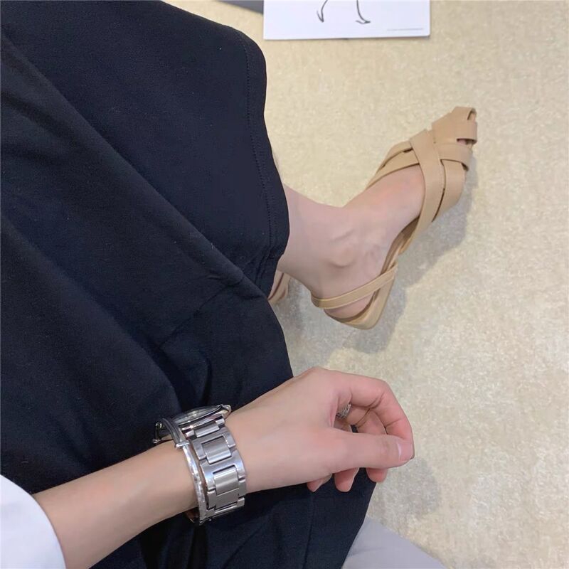 Sandal bít mũi quai đan gót vuông