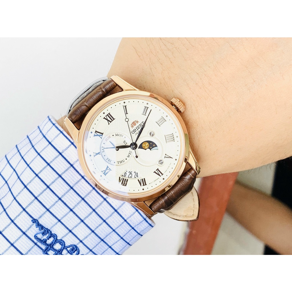 Đồng hồ Nam chính hãng Orient Sun Moon Gen 3 RA-AK0007S10B Size 42,Mặt trắng,Lịch -Máy cơ tự động-Dây da nâu cao cấp