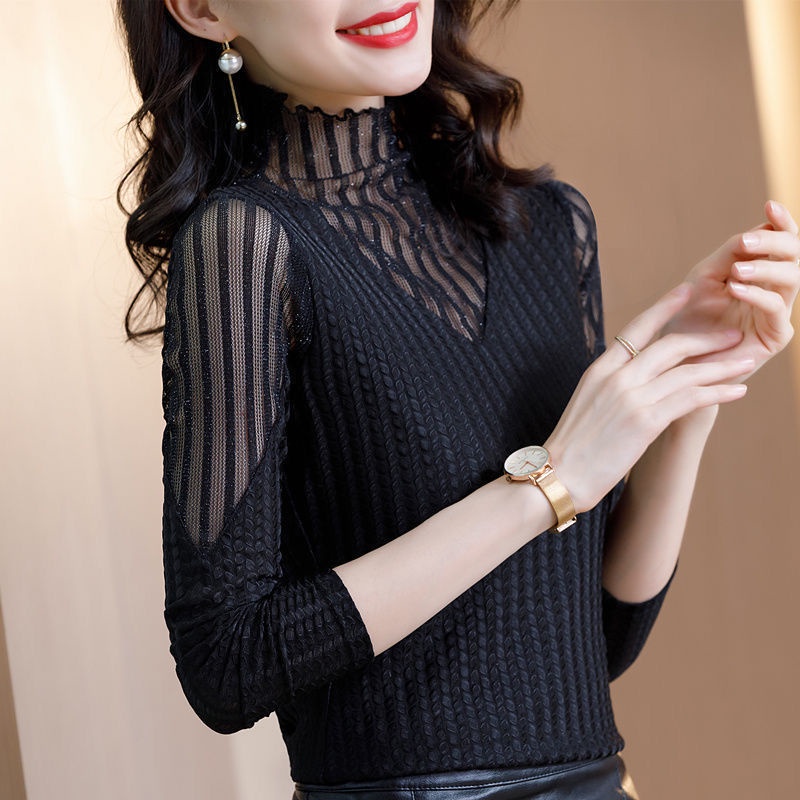 Áo cổ cao vừa dài tay phối lưới thời trang thanh lịch nữ tính