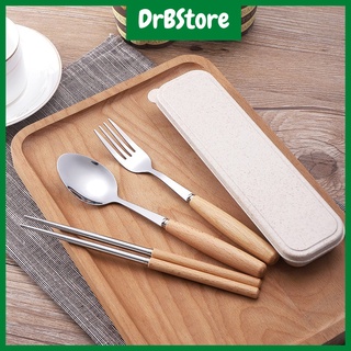Bộ Thìa Đũa Inox Cán Gỗ Lúa Mạch Có Hộp Đựng DrbStore