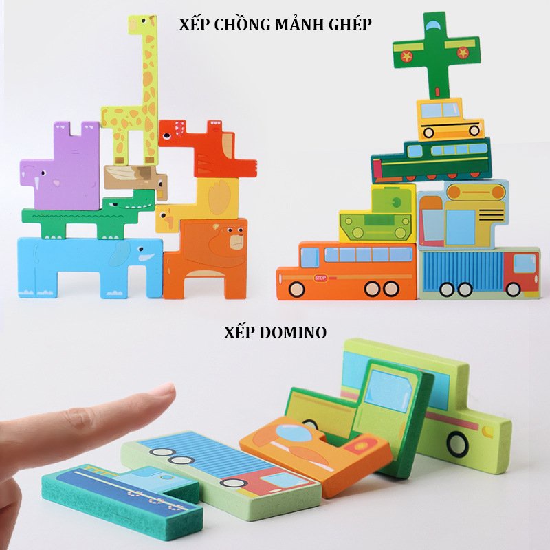 Bộ Đồ Chơi Xếp Hình Khối Bằng Gỗ Theo Chủ Đề Động Vật Và Giao Thông