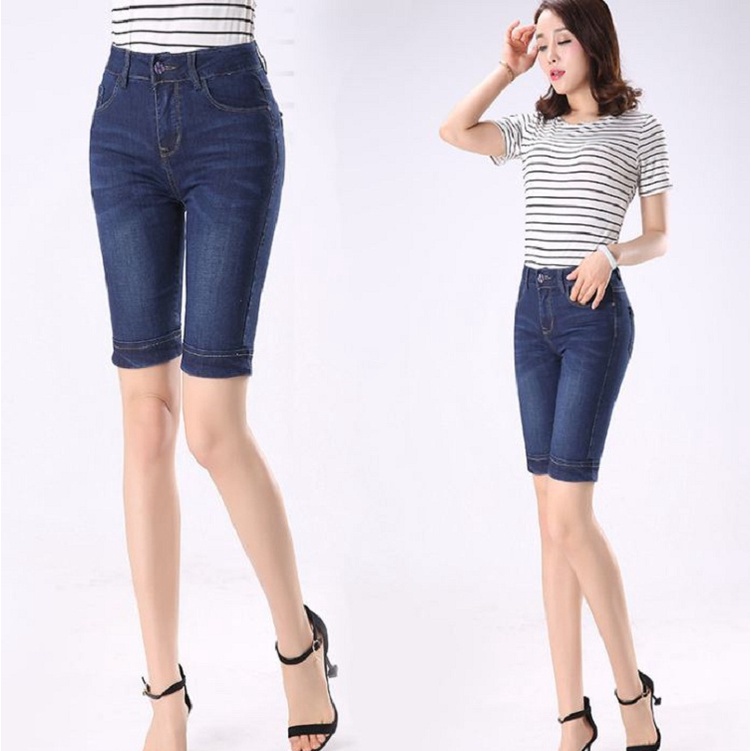 Quần Short Jean Ngố Nữ Lưng Cao Quần Đùi Nữ Ngang Gối Chất Bò Co Giãn