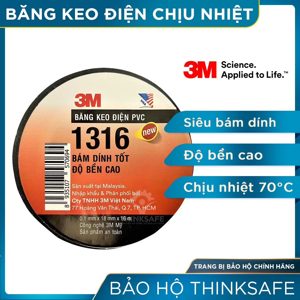 Băng keo điện 3M Thinksafe, băng dính điện, cách điện, chịu nhiệt, chống nước, quấn dây an toàn lên đến 600V - 3M 1316