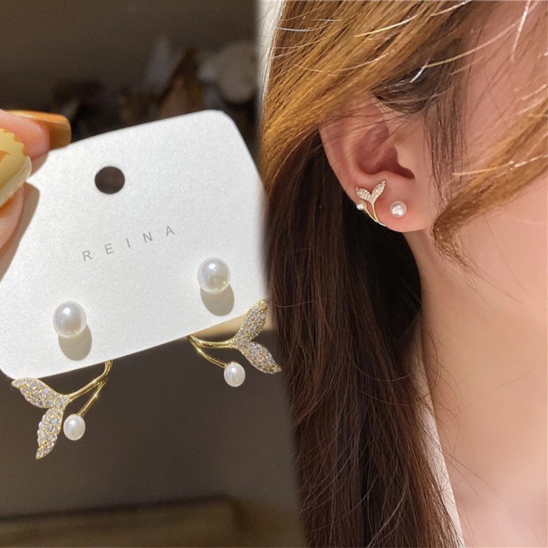1 Cặp Bông Tai Đuôi Cá Đính Ngọc Trai Phong Cách Hàn Quốc Đơn Giản Thời Trang Cho Nữ