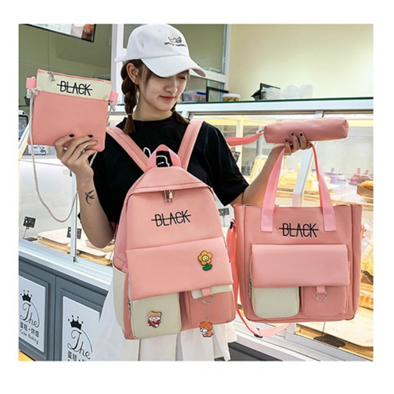 Combo balo 4 món black thời trang ulzzang, Set balo 4 món đi học, balo 4 món