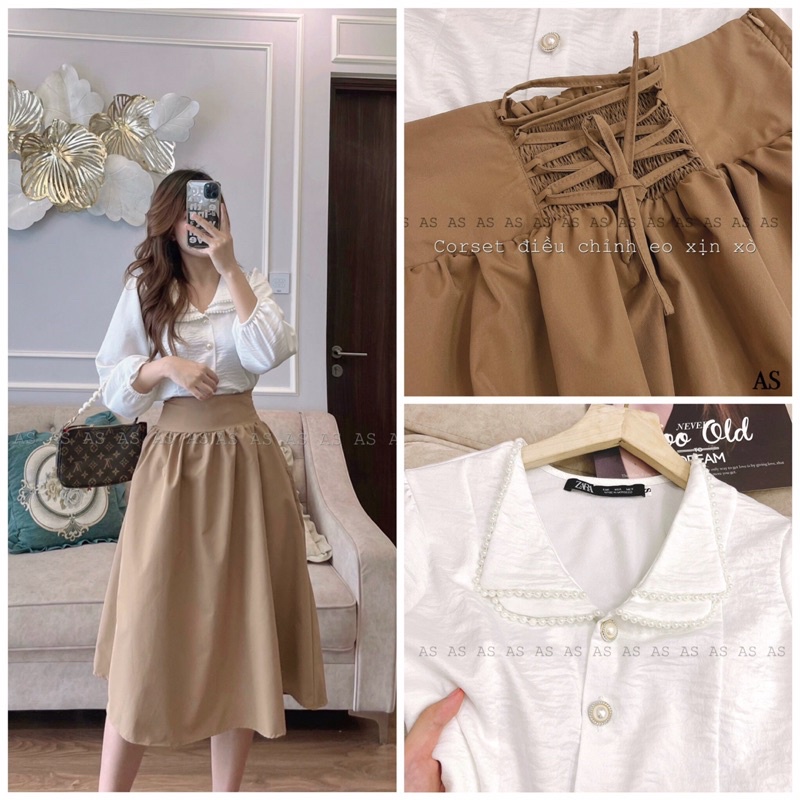 Set áo sơ mi cổ ngọc kèm chân váy corset