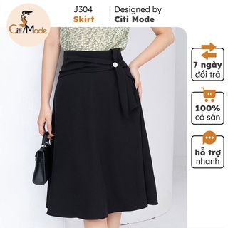 Chân váy dáng xòe công sở citi mode đen phối vạt eo j304