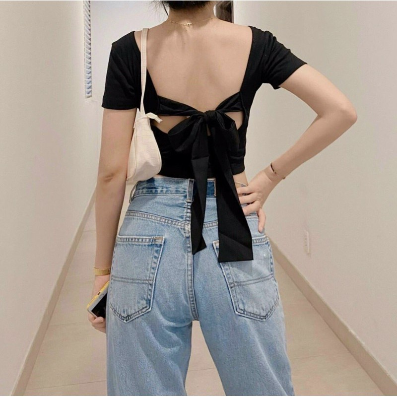 [HÌNH_THẬT_ẢNH_CUỐI] Áo croptop cổ U tay ngắn hở lưng cột nơ