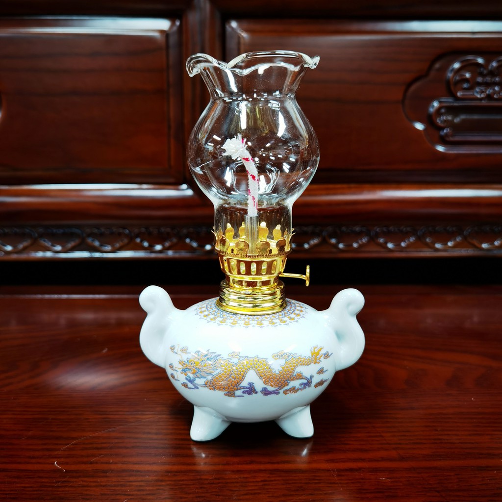 Đèn Dầu Kim Sa Sen , Đèn Dầu Trắng Rồng , Đèn Dầu Kem Bộ Thờ Cúng Bằng Sứ Cao Cấp - Phật Giáo Tường Thuận