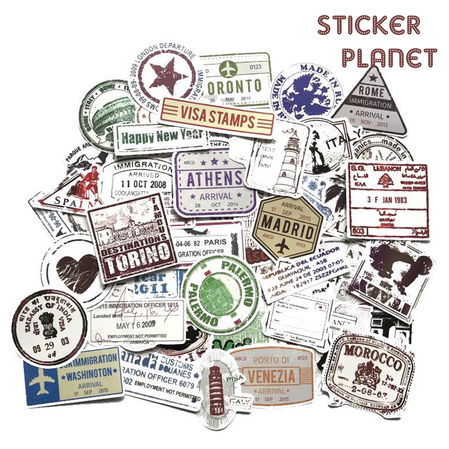 Bộ sticker chống thấm nước trang trí mũ bảo hiểm, laptop chủ đề retro visa stamp