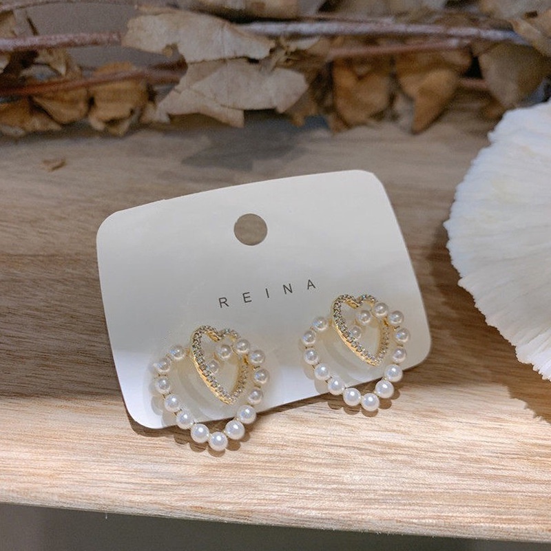 Bông tai bạc 925 đính ngọc trai hình trái tim đôi phong cách Nhật Hàn mới 2021