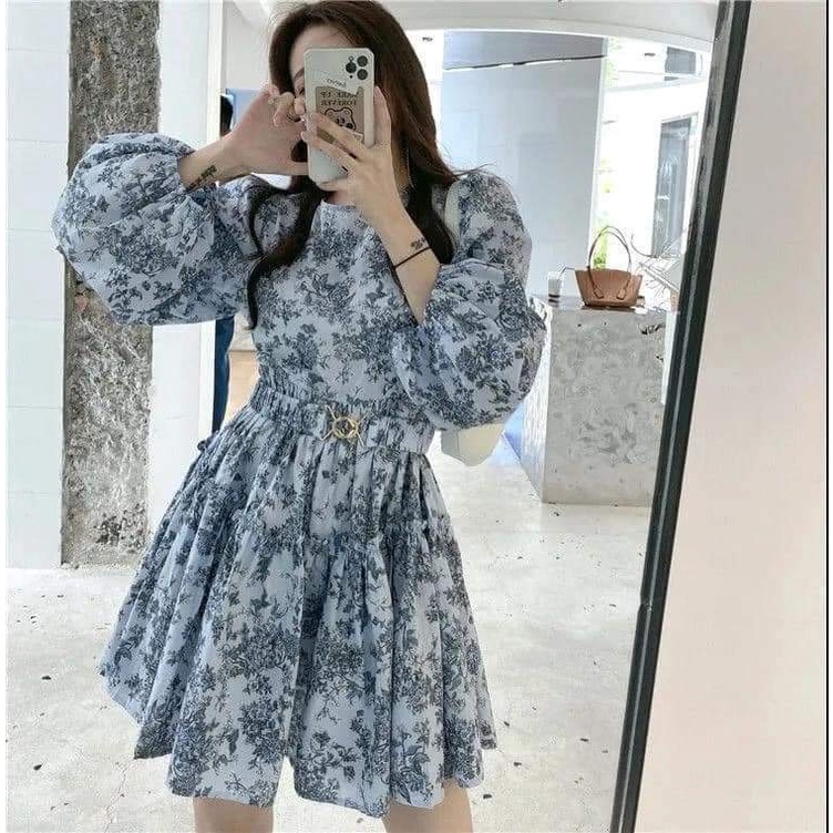 Váy hoa tiểu thư Pindoudou họa tiết hoa màu xanh thanh lịch hàng loại 1