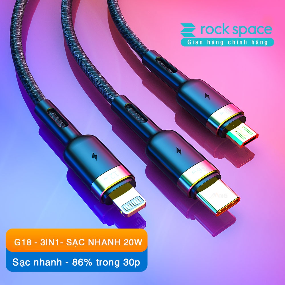 Dây cáp sạc nhanh chính hãng ba đầu Rockspace G18 Lightning, Micro, TypeC dây dù, sạc 3 thiết bị cùng lúc, BH 12 tháng