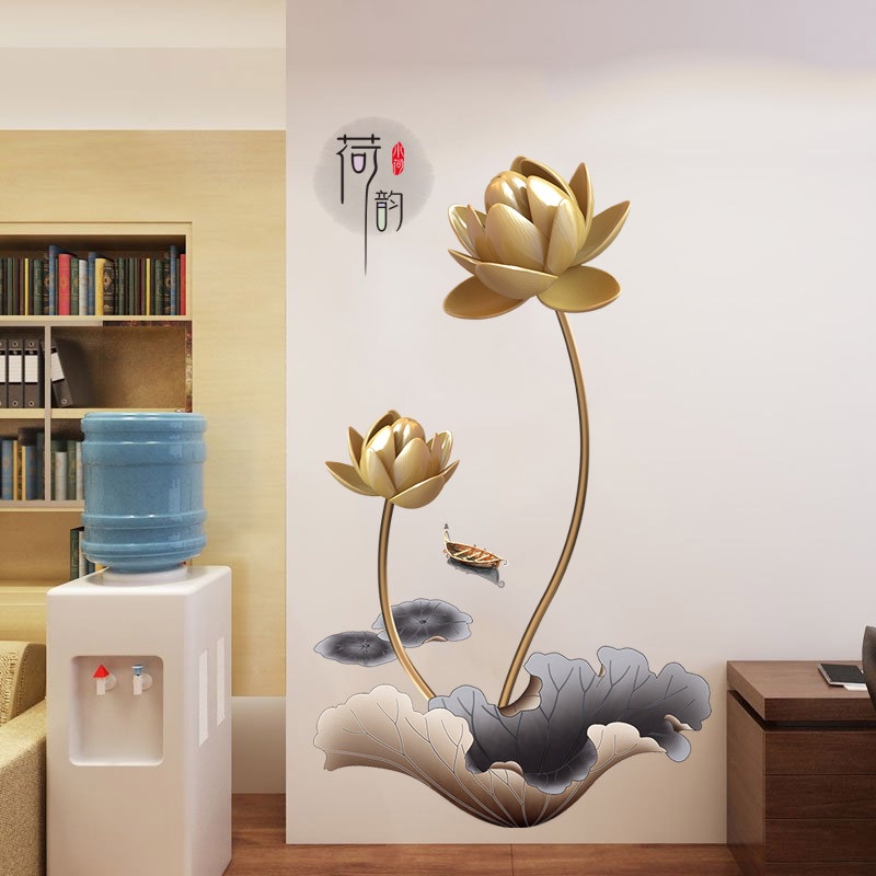 Tranh dán tường hoa sen vàng, Decal thư pháp chữ Hán,Tranh 3D trang trí phòng khách